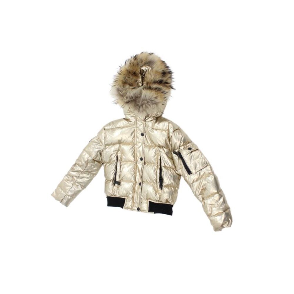 SAM Childrens Girls Raccoon Fur Hooded Puffer Jacket Gold Metallic Size 12